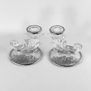 2 Vintage Baroque Crystal Glass Candle Holders Flanders Silver Overlay